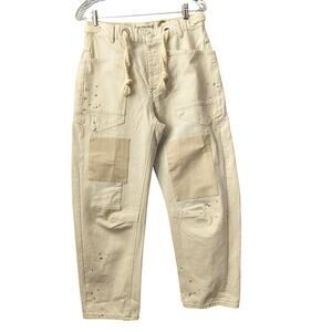 Free People Cream Drawstring Patchwork Wide Leg Jeans